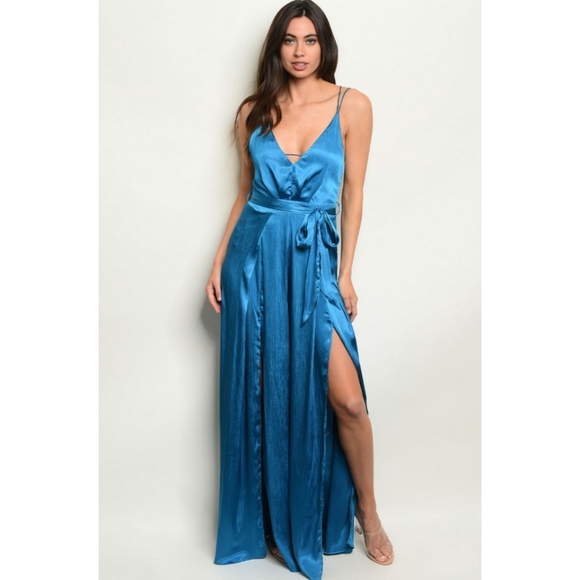 Havana Teal Blue Maxi Backless Wide Leg Jumpsuit - Picture 3 of 4